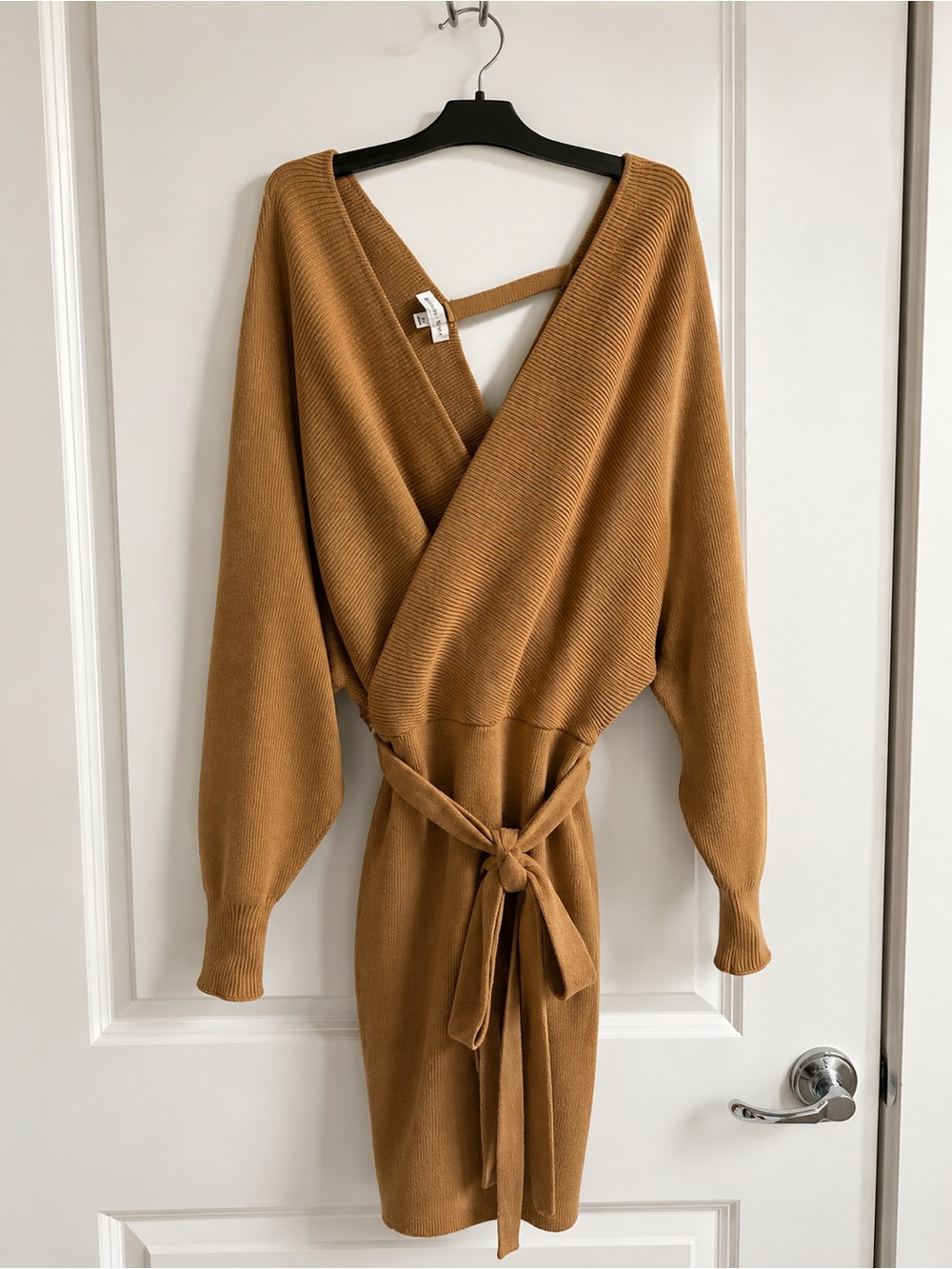 Gianni Bini One-Shoulder Belted Knit Dress in Camel Brown - Picture 2 of 4